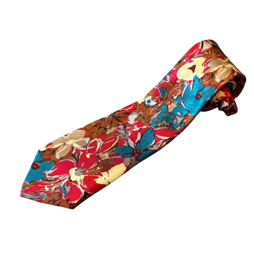 Fenzia Mens Abstract Floral Necktie Red Teal Gold Made‎ in USA 4 Inch Width